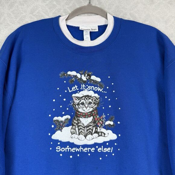 Vtg Holiday Cat Crewneck Sweatshirt Womens L Kitten Grandma Let it Snow Holiday - Picture 1 of 12